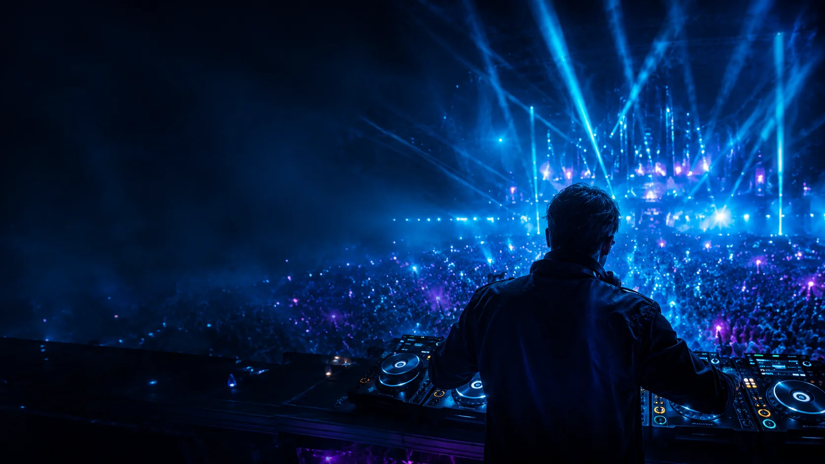 AirdrUpz behind the decks facing a large illuminated arena